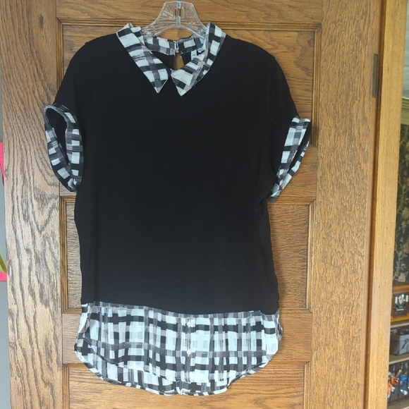 Elle Layered Collard Short Sleeve Blouse Size Women's Large Black Plaid - Picture 1 of 7